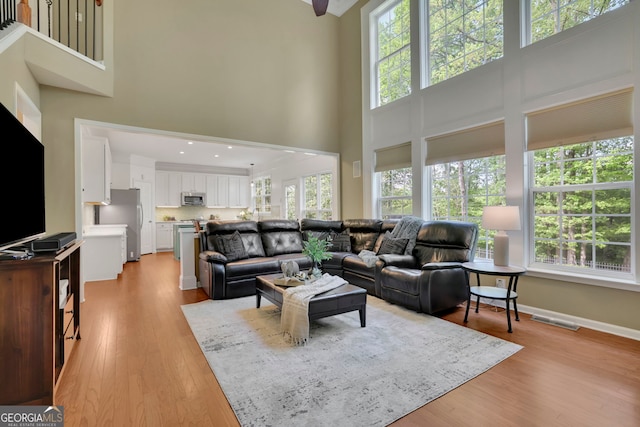 living room with a healthy amount of sunlight, a towering ceiling, and light wood-style floors