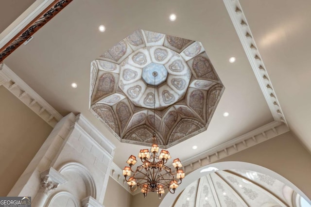 720 Heards Ferry Rd, Atlanta, GA 30328 - interior details featuring an inviting chandelier, ornamental molding, and recessed lighting