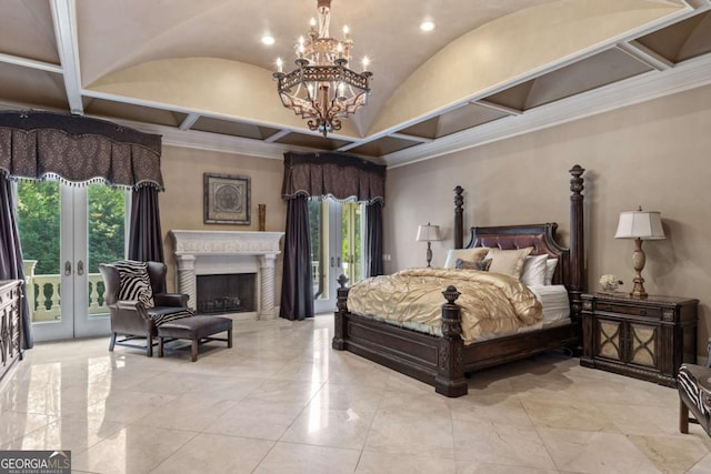 720 Heards Ferry Rd, Atlanta, GA 30328 - bedroom with multiple windows, a fireplace, an inviting chandelier, and access to exterior