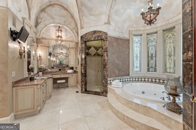 720 Heards Ferry Rd, Atlanta, GA 30328 - full bathroom featuring a tub with jets, a notable chandelier, vanity, and a stall shower