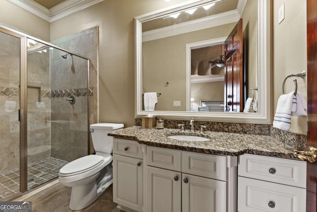 720 Heards Ferry Rd, Atlanta, GA 30328 - full bath with a shower stall, toilet, ornamental molding, and vanity