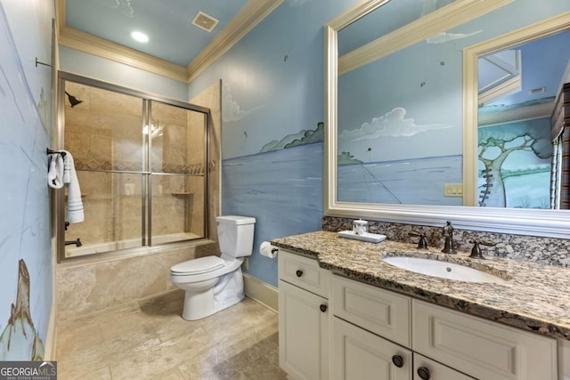 720 Heards Ferry Rd, Atlanta, GA 30328 - bathroom featuring combined bath / shower with glass door, visible vents, toilet, vanity, and ornamental molding