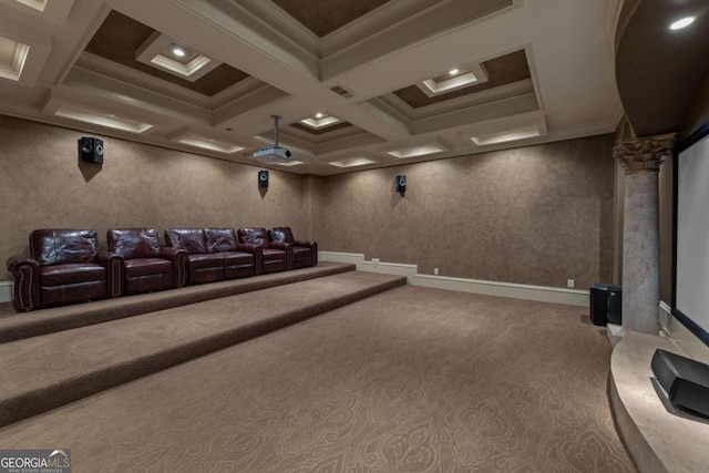 720 Heards Ferry Rd, Atlanta, GA 30328 - home theater room with visible vents, carpet, coffered ceiling, beamed ceiling, and crown molding