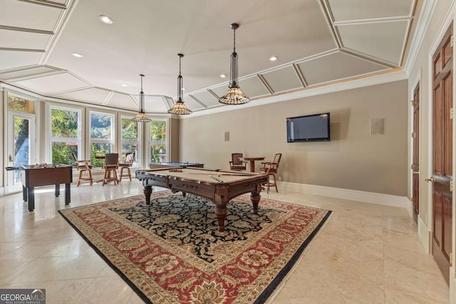 720 Heards Ferry Rd, Atlanta, GA 30328 - game room with baseboards, recessed lighting, coffered ceiling, billiards, and crown molding