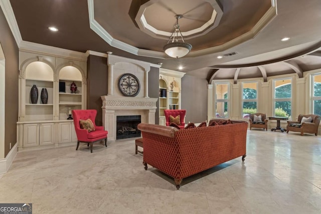 720 Heards Ferry Rd, Atlanta, GA 30328 - interior space featuring visible vents, built in shelves, a raised ceiling, and crown molding