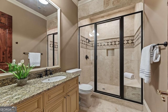 720 Heards Ferry Rd, Atlanta, GA 30328 - bathroom with a shower stall, toilet, ornamental molding, and vanity