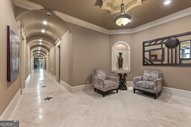 720 Heards Ferry Rd, Atlanta, GA 30328 - sitting room featuring arched walkways, baseboards, ornamental molding, and recessed lighting