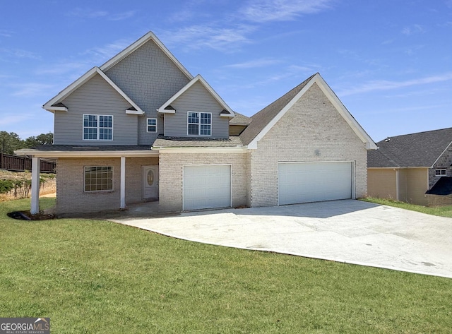 view of front facade with brick siding, an attached garage, driveway, and a front lawn