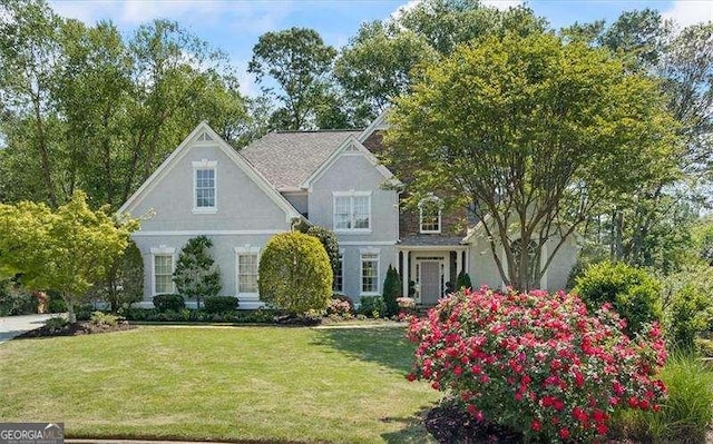 view of front of house with stucco siding and a front lawn