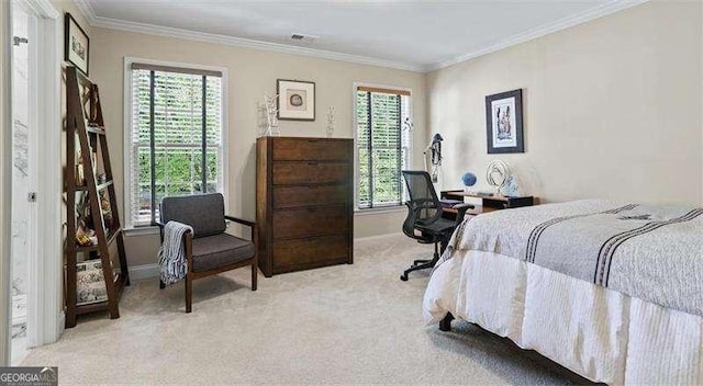 bedroom with visible vents, crown molding, multiple windows, and carpet