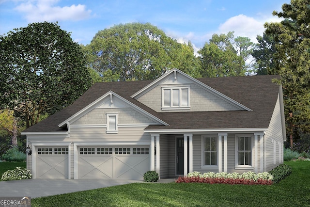 craftsman-style house with concrete driveway, roof with shingles, a front yard, and a garage