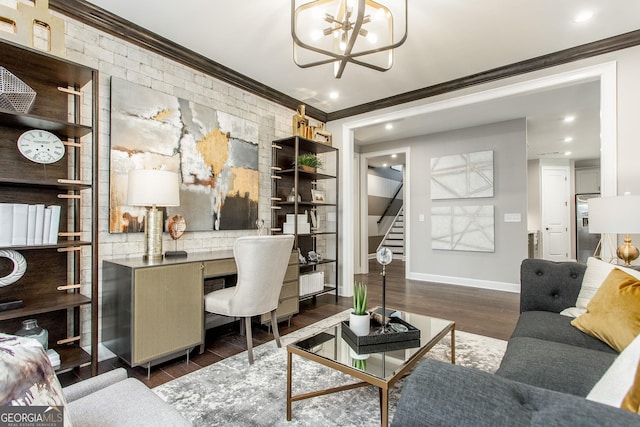 office area with recessed lighting, wood finished floors, ornamental molding, baseboards, and a chandelier