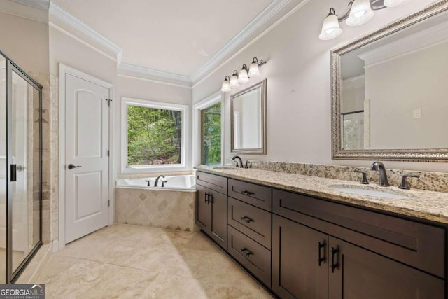 930 Riverside Rd, Roswell, GA 30075 - bathroom with crown molding, double vanity, a bath, a shower stall, and tile patterned floors