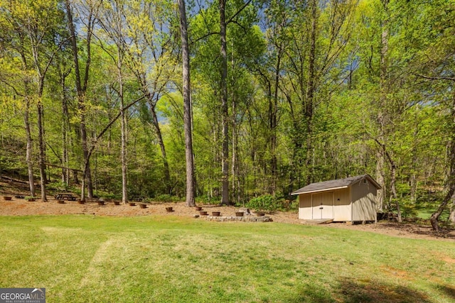 930 Riverside Rd, Roswell, GA 30075 - view of grassy yard featuring a storage shed and a view of trees
