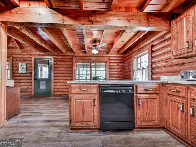 410 Whiskey Still Dr, Cleveland, GA 30528 - kitchen featuring brown cabinets, dishwasher, wooden ceiling, beamed ceiling, and ceiling fan