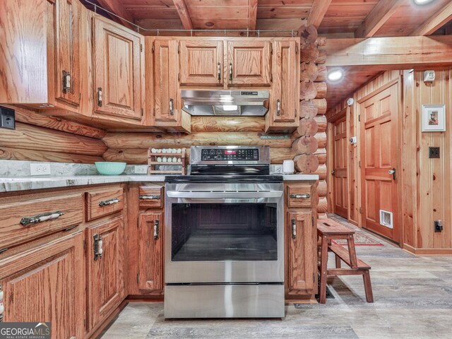 410 Whiskey Still Dr, Cleveland, GA 30528 - kitchen with light wood-style flooring, electric range, log walls, wooden ceiling, and under cabinet range hood