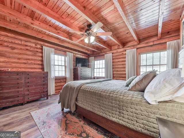 410 Whiskey Still Dr, Cleveland, GA 30528 - bedroom with beamed ceiling, wood finished floors, rustic walls, and wooden ceiling