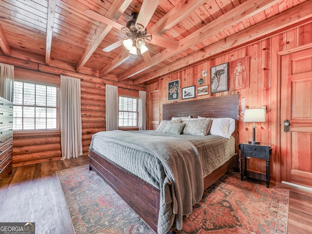 410 Whiskey Still Dr, Cleveland, GA 30528 - bedroom with beamed ceiling, wood finished floors, log walls, and wooden ceiling