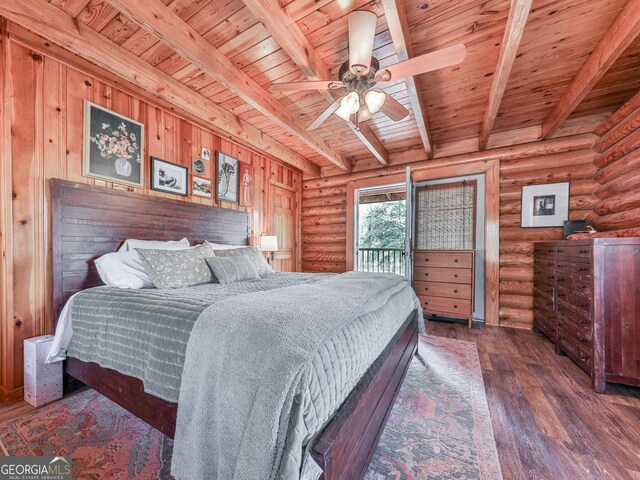 410 Whiskey Still Dr, Cleveland, GA 30528 - bedroom with beam ceiling, wood ceiling, log walls, hardwood / wood-style flooring, and access to outside