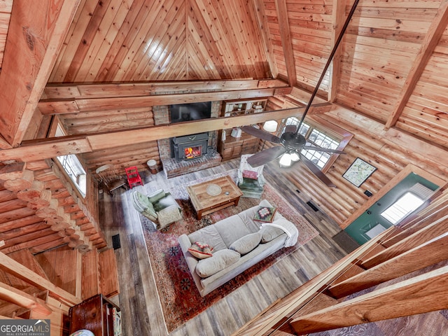 410 Whiskey Still Dr, Cleveland, GA 30528 - living area with rustic walls, high vaulted ceiling, beam ceiling, and wooden ceiling