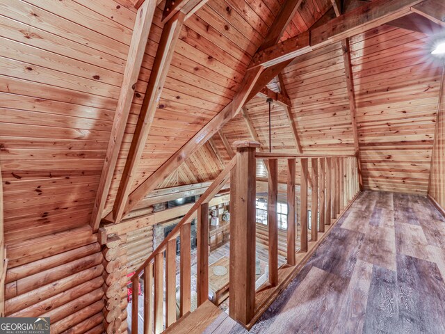 410 Whiskey Still Dr, Cleveland, GA 30528 - corridor featuring vaulted ceiling with beams, wooden ceiling, and an upstairs landing