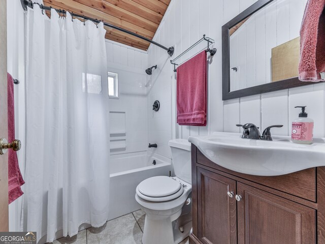 410 Whiskey Still Dr, Cleveland, GA 30528 - full bath featuring tile patterned flooring, toilet, vanity, shower / bath combo with shower curtain, and wood ceiling
