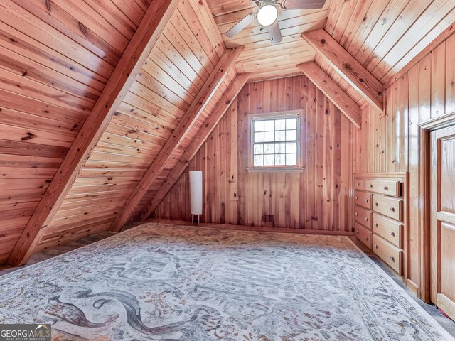 410 Whiskey Still Dr, Cleveland, GA 30528 - bonus room with wooden ceiling, vaulted ceiling, wood walls, and ceiling fan