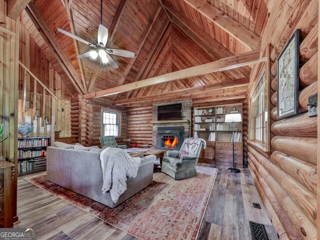410 Whiskey Still Dr, Cleveland, GA 30528 - living room with wood finished floors, a glass covered fireplace, wood ceiling, beamed ceiling, and log walls