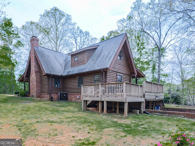 410 Whiskey Still Dr, Cleveland, GA 30528 - back of property featuring a wooden deck, a shingled roof, a chimney, and log siding