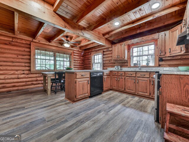410 Whiskey Still Dr, Cleveland, GA 30528 - kitchen with black dishwasher, wood finished floors, wooden ceiling, and a peninsula