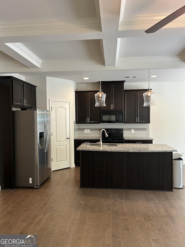 3908 Augustine Pl, Rex, GA 30273 - kitchen featuring coffered ceiling, ornamental molding, a sink, beam ceiling, and black appliances