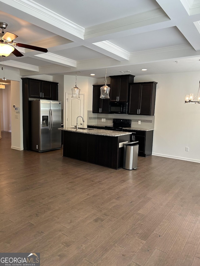 3908 Augustine Pl, Rex, GA 30273 - kitchen featuring a sink, coffered ceiling, decorative backsplash, dark cabinets, and black appliances