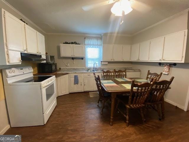 kitchen featuring under cabinet range hood, white electric range, white cabinetry, and ornamental molding