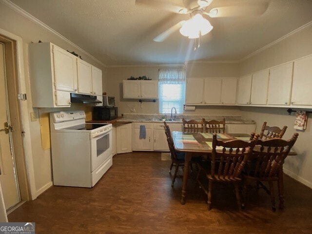 kitchen with black microwave, white electric range, crown molding, and under cabinet range hood