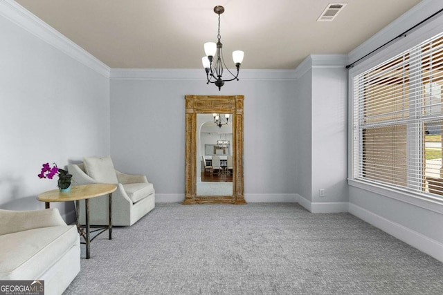 living area with carpet, visible vents, crown molding, baseboards, and a chandelier