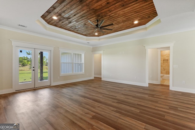 88 Northshore Ave, Jesup, GA 31545 - unfurnished living room with a raised ceiling, visible vents, a ceiling fan, wooden ceiling, and french doors