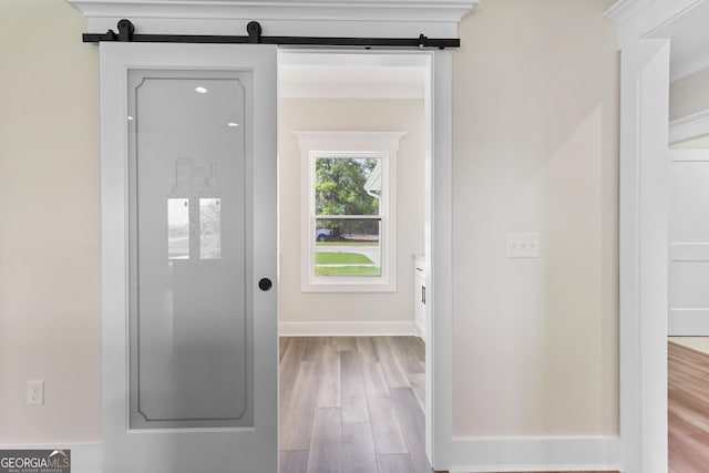88 Northshore Ave, Jesup, GA 31545 - doorway featuring light wood-style flooring, baseboards, and a barn door