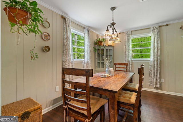 115 Maple Leaf Dr, Dahlonega, GA 30533 - dining space featuring dark wood-type flooring, a chandelier, crown molding, and baseboards