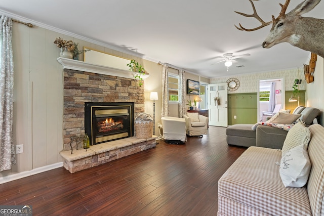 115 Maple Leaf Dr, Dahlonega, GA 30533 - living area with wood finished floors, wallpapered walls, a fireplace, a ceiling fan, and crown molding