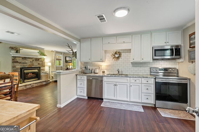115 Maple Leaf Dr, Dahlonega, GA 30533 - kitchen featuring appliances with stainless steel finishes, dark wood-style floors, ornamental molding, tasteful backsplash, and light stone counters