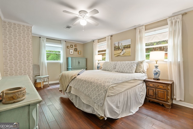 115 Maple Leaf Dr, Dahlonega, GA 30533 - bedroom with visible vents, ceiling fan, baseboards, ornamental molding, and dark wood finished floors
