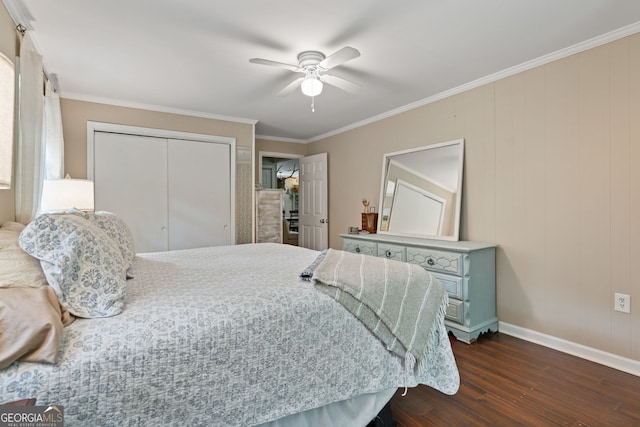 115 Maple Leaf Dr, Dahlonega, GA 30533 - bedroom featuring a closet, ornamental molding, ceiling fan, baseboards, and dark wood-type flooring