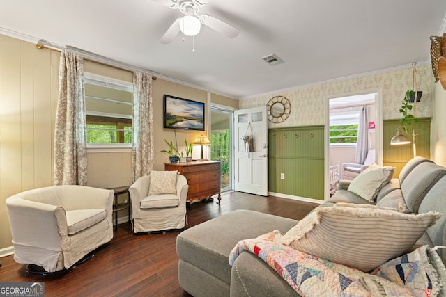 115 Maple Leaf Dr, Dahlonega, GA 30533 - living area featuring wallpapered walls, wood-type flooring, ornamental molding, and ceiling fan