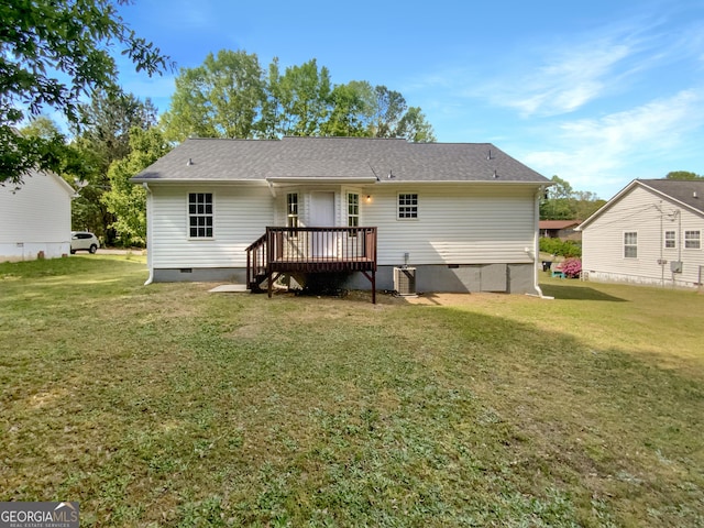 45 Carroll St, Temple, GA 30179 - rear view of house with a lawn, crawl space, and a deck