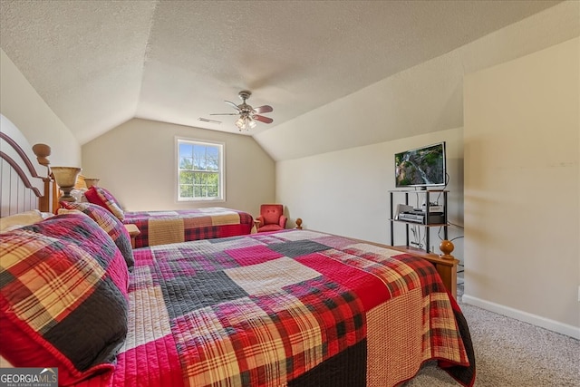 carpeted bedroom featuring a textured ceiling, baseboards, visible vents, lofted ceiling, and a ceiling fan