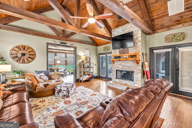 401 Sara Ct, Loganville, GA 30052 - living area with ceiling fan, visible vents, beam ceiling, wooden ceiling, and hardwood / wood-style floors