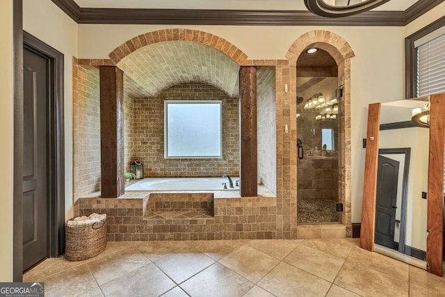 401 Sara Ct, Loganville, GA 30052 - bathroom with tile patterned flooring, ornamental molding, a shower stall, and a bath
