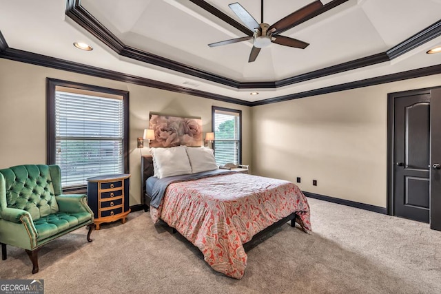 401 Sara Ct, Loganville, GA 30052 - carpeted bedroom with baseboards, ornamental molding, and a raised ceiling