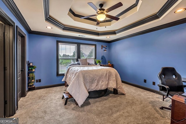401 Sara Ct, Loganville, GA 30052 - carpeted bedroom featuring crown molding, a raised ceiling, baseboards, and visible vents