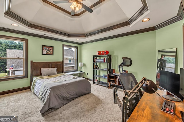 401 Sara Ct, Loganville, GA 30052 - carpeted bedroom with crown molding, baseboards, a tray ceiling, and recessed lighting